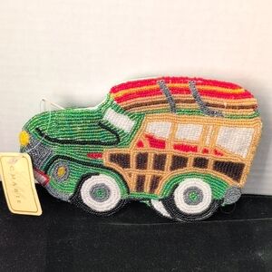 C. Marie Green Beaded Mini Bag — Vintage Car Motif